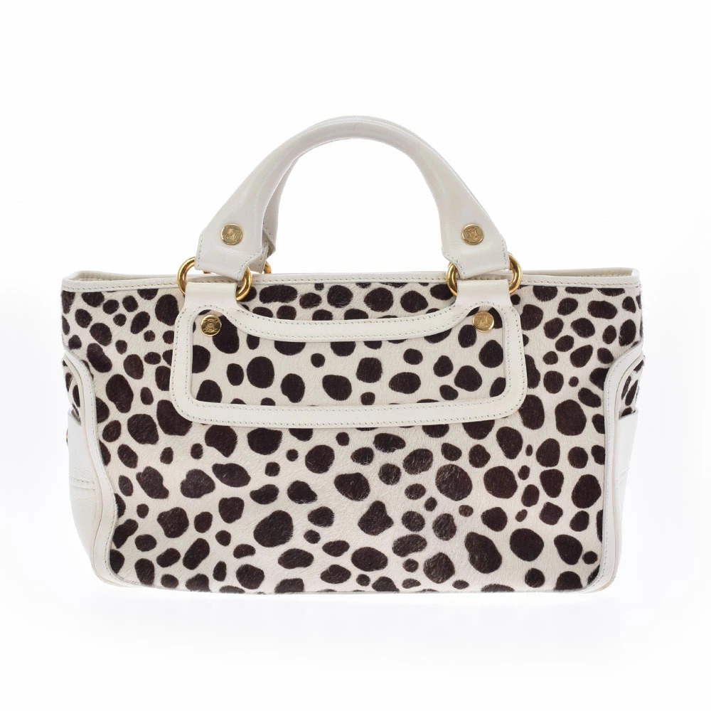 CELINE Boogie Bag White Brown Leather Calf Hair Handbag